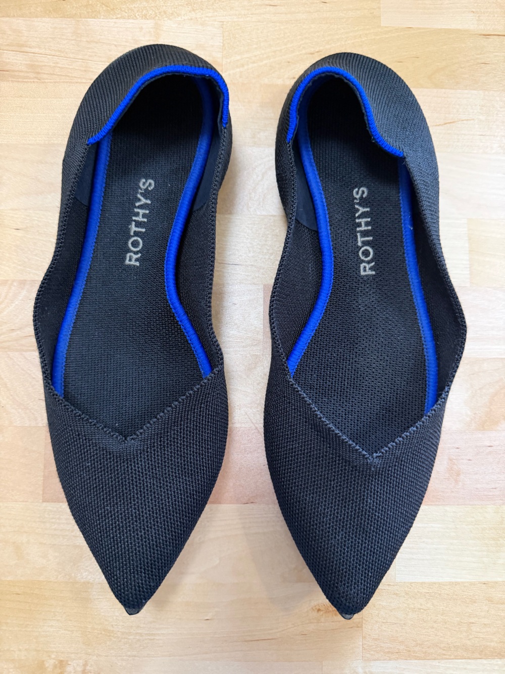 Rothy's Black Pointed Flats with Royal Blue Trim